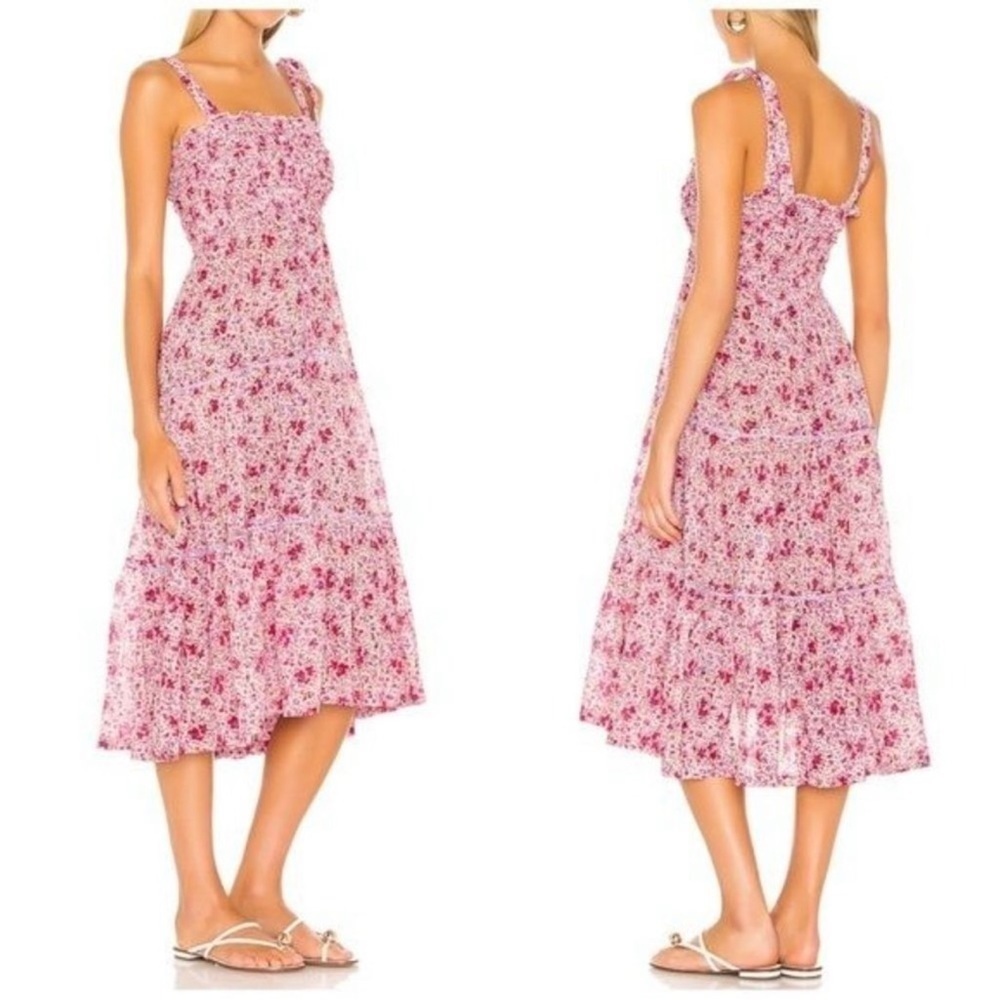 Poupette St Barth Triny Smocked Midi Dress Size Large Pink Watercolor